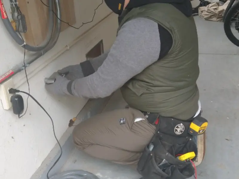 Electrician performing outlet wiring in a Fort Oglethorpe garage